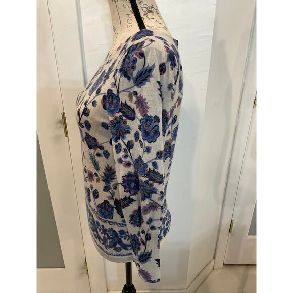 Talbots Merino Wool Blue Gray Paisley Floral Puff Sleeve Crewneck Sweater M - Picture 3 of 9